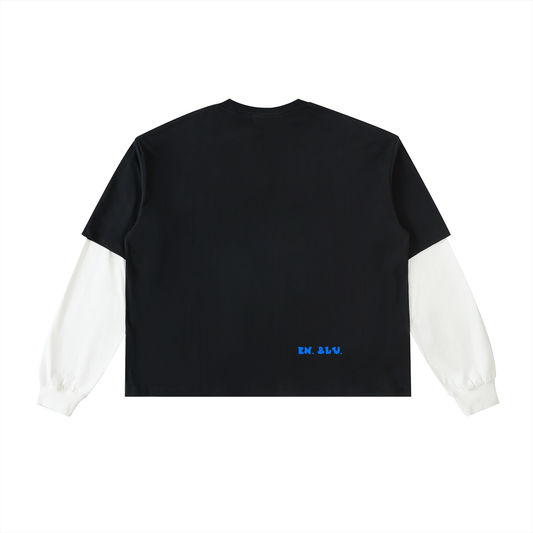 RIVTURO. EN. BLU- Layered Contrast Sleeve Cotton T-Shirt