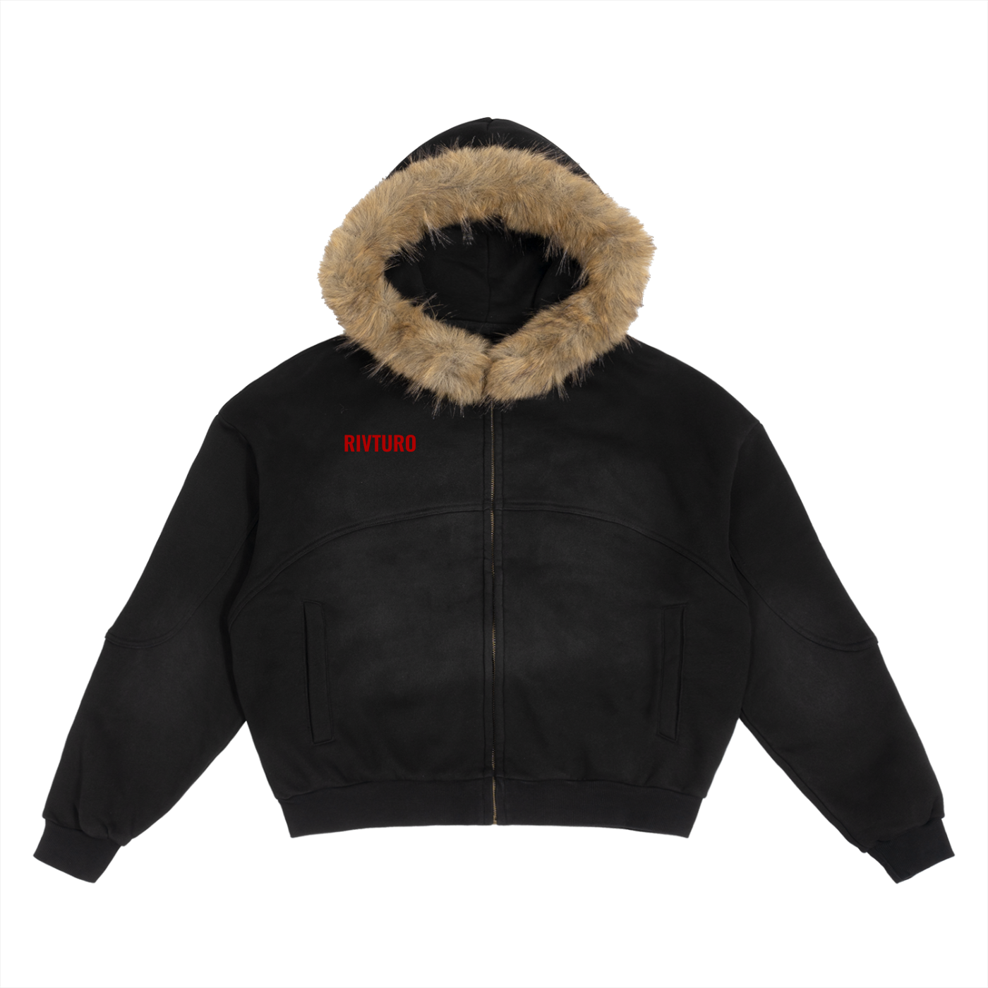 RIVTURO- Sun Fade Boxy Detachable Fur Hoodie