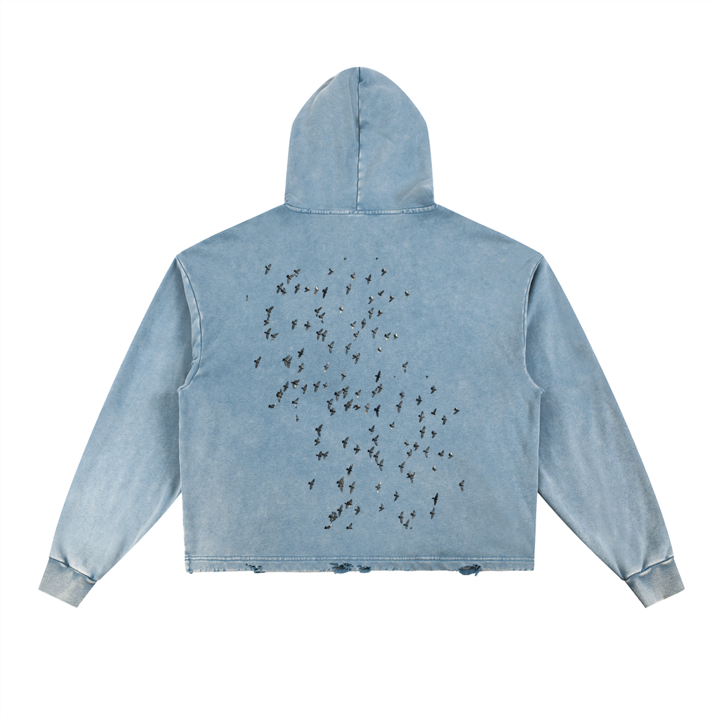 RIVTURO. FLYING. BIRDS- Vintage Washed Frayed-Hem Hoodie