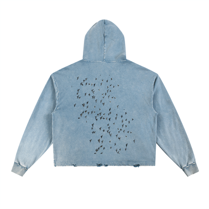 RIVTURO. FLYING. BIRDS- Vintage Washed Frayed-Hem Hoodie