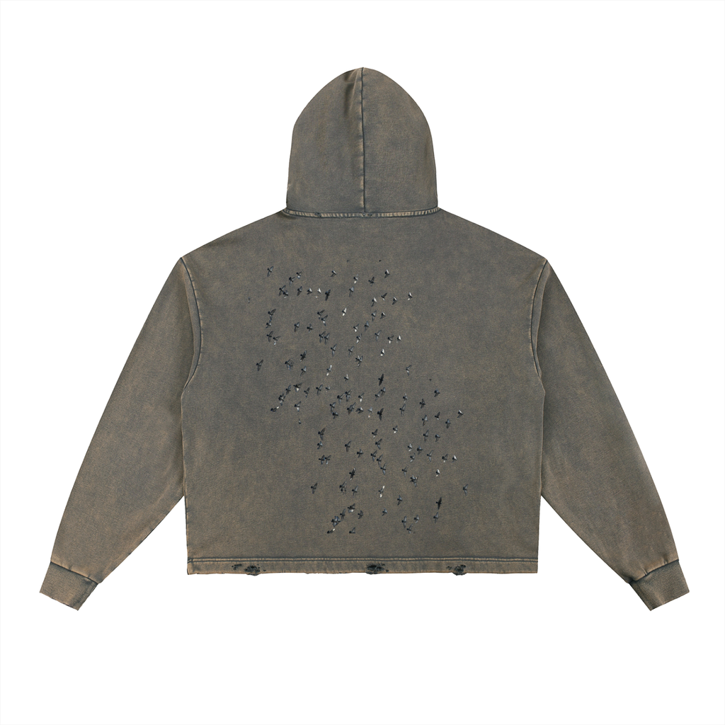 RIVTURO. FLYING. BIRDS- Vintage Washed Frayed-Hem Hoodie
